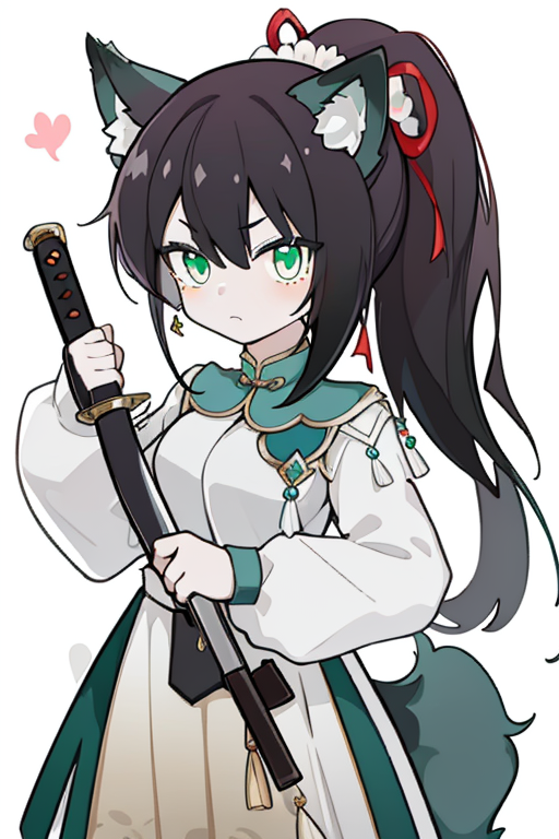 00630-1282768993-xialuling, 1girl, animal ears, weapon, solo, sword, tail, unsheathing, sheath, long hair, green eyes, ponytail, black background.png